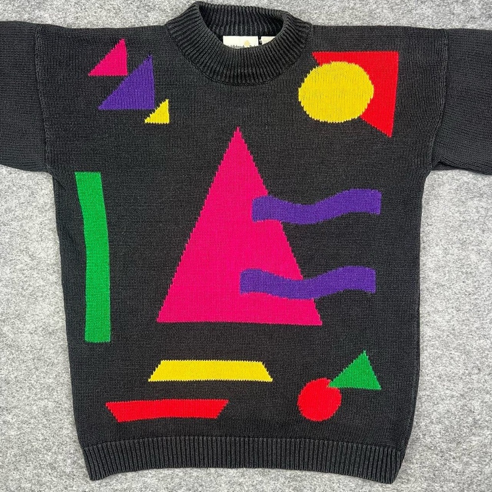 Black Geometric Pattern Crewneck Sweater with Pink Triangle - Picture 2 of 7